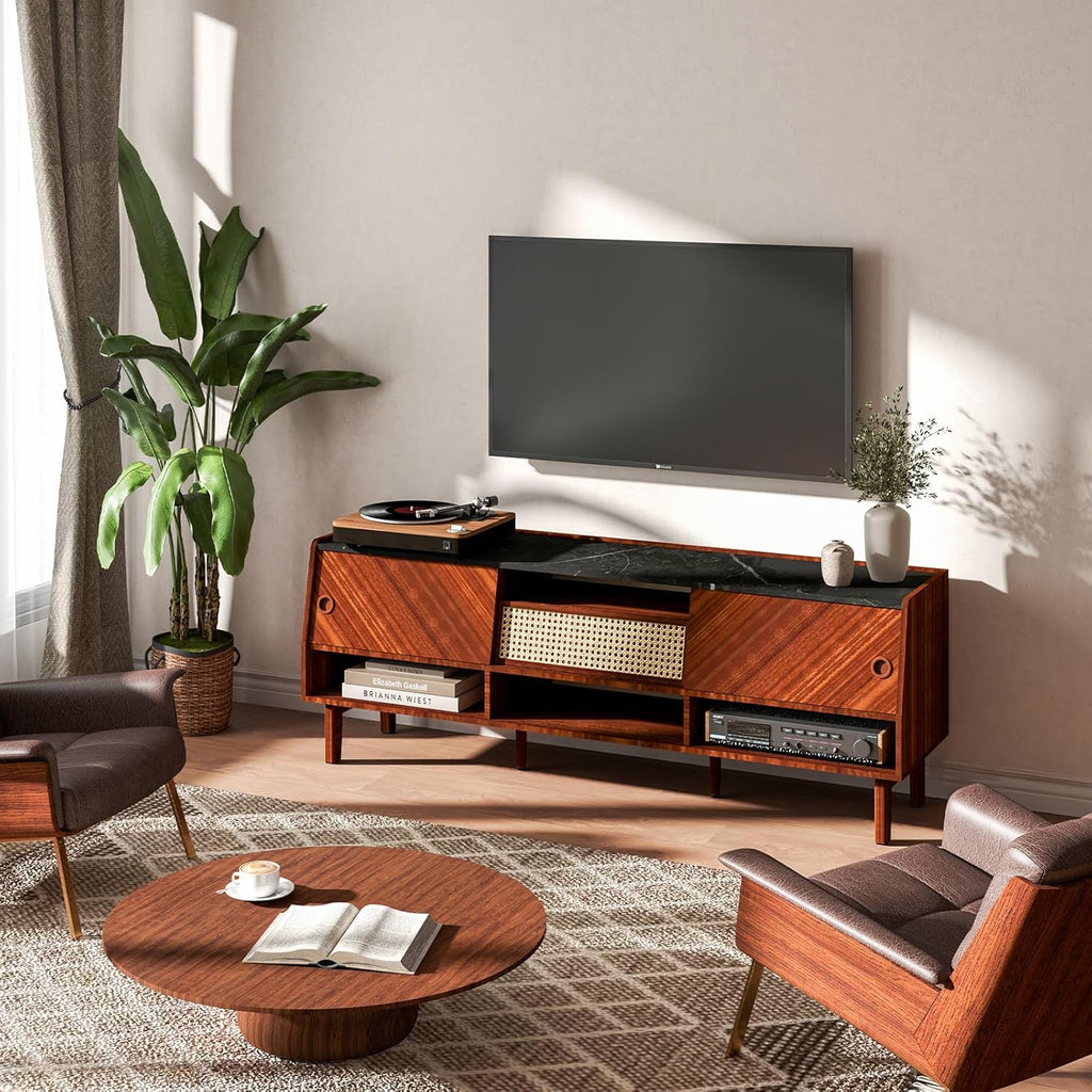 Walnut 67 inch TV Stand with Rattan Drawer M97922