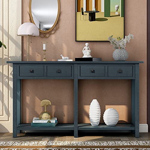 Antique Navy Rustic Wood Console Table with 4 Drawers and Bottom Shelf C577