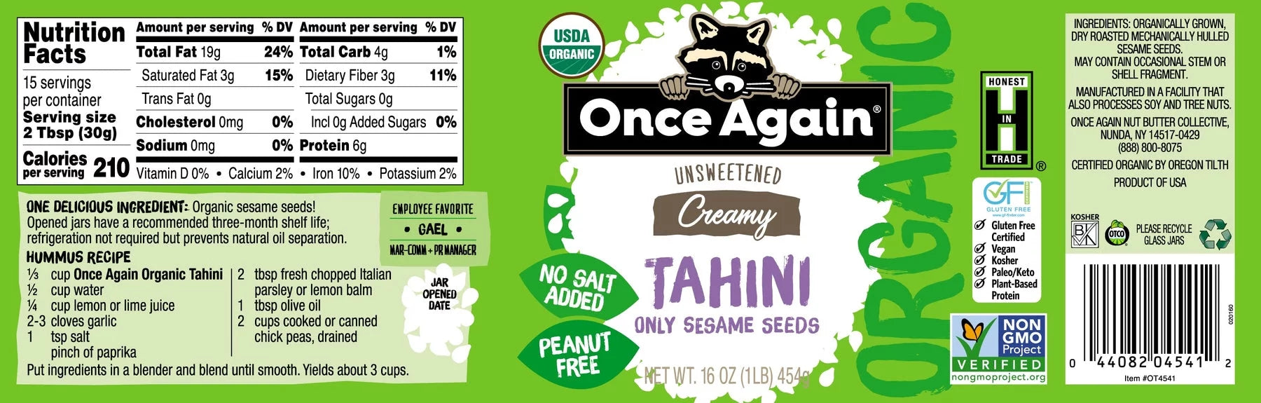 Organic Unsweetened Tahini Creamy Sesame Seed 16 oz R928934