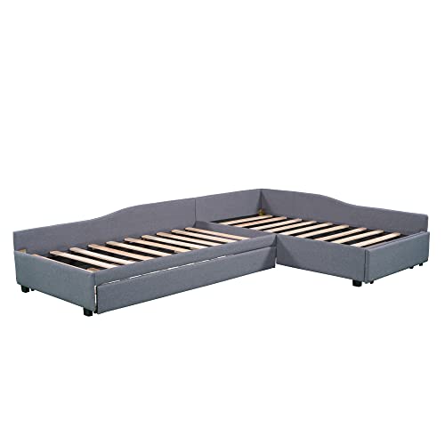Gray Upholstered Double Twin Size Daybed with Trundle and Drawer A6559