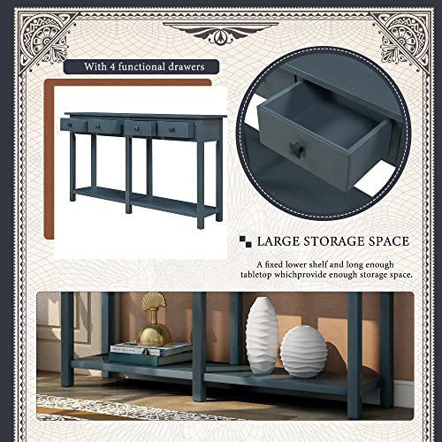 Antique Navy Rustic Wood Console Table with 4 Drawers and Bottom Shelf C577