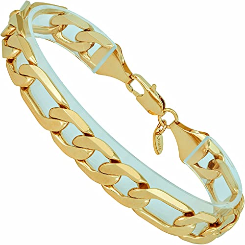 11mm Beveled Figaro Chain Bracelet 24k Real Gold Plated Z17043
