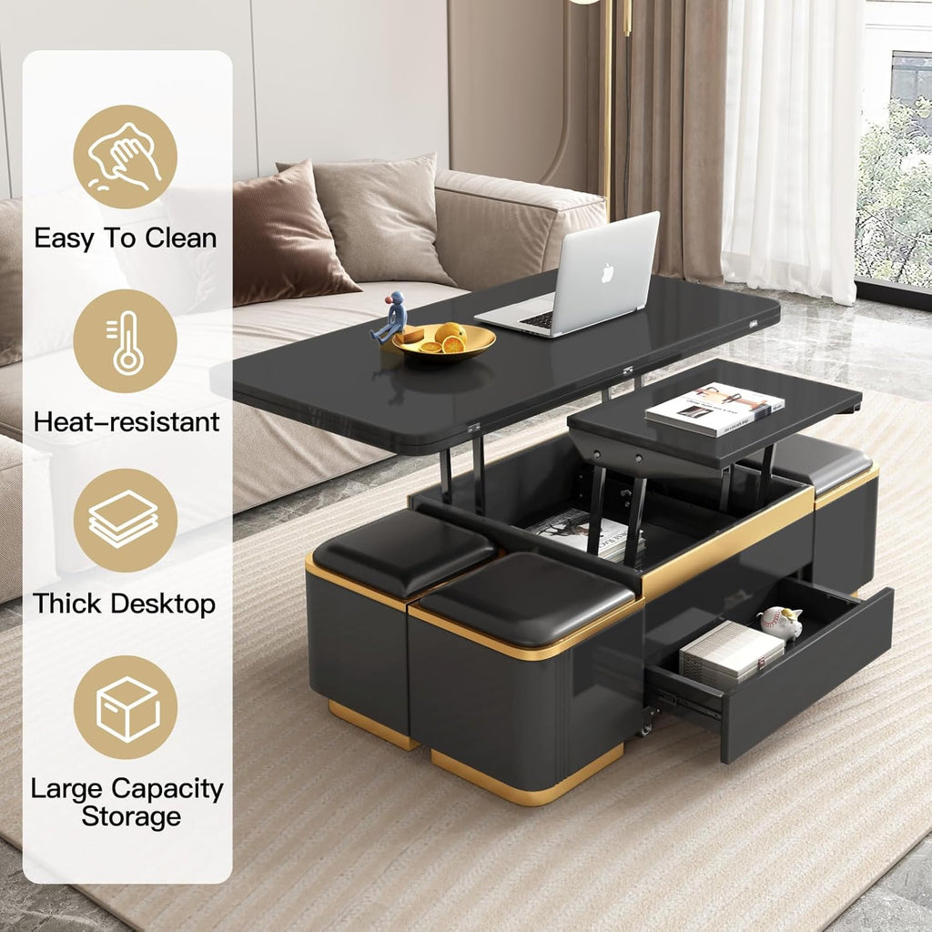 Black Lift Top Coffee Table with 4 Storage Stools M984146