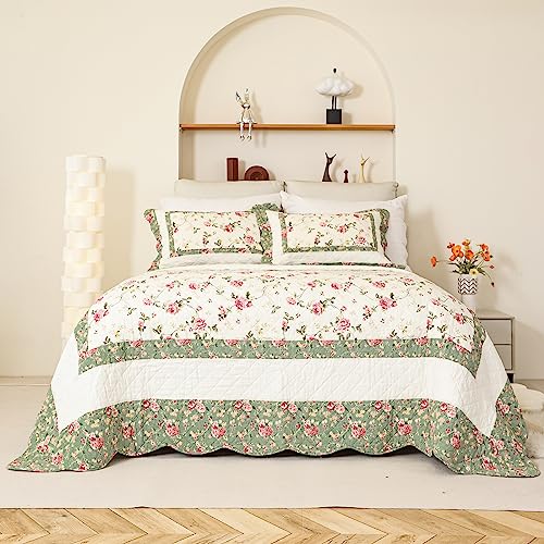 Pink Rose Floral Patchwork Cotton Queen Size Quilted Comforter Set 3-Piece Y320