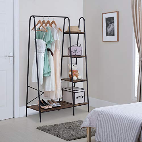 Matte Black Heavy Duty Garment Rack with 5 Wood Shelves E596555
