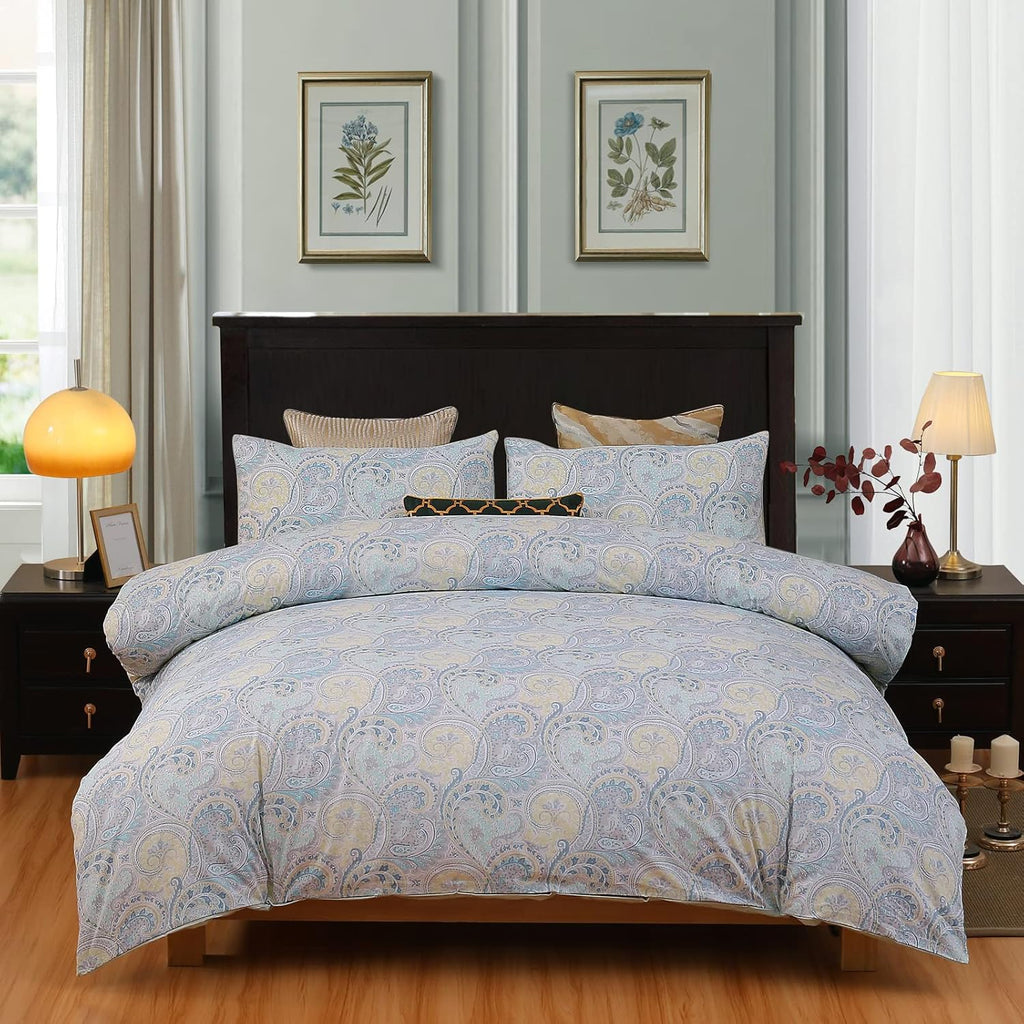 White Queen Green Tropical Leaves Pattern Reversible Cotton Duvet Cover Set C3084