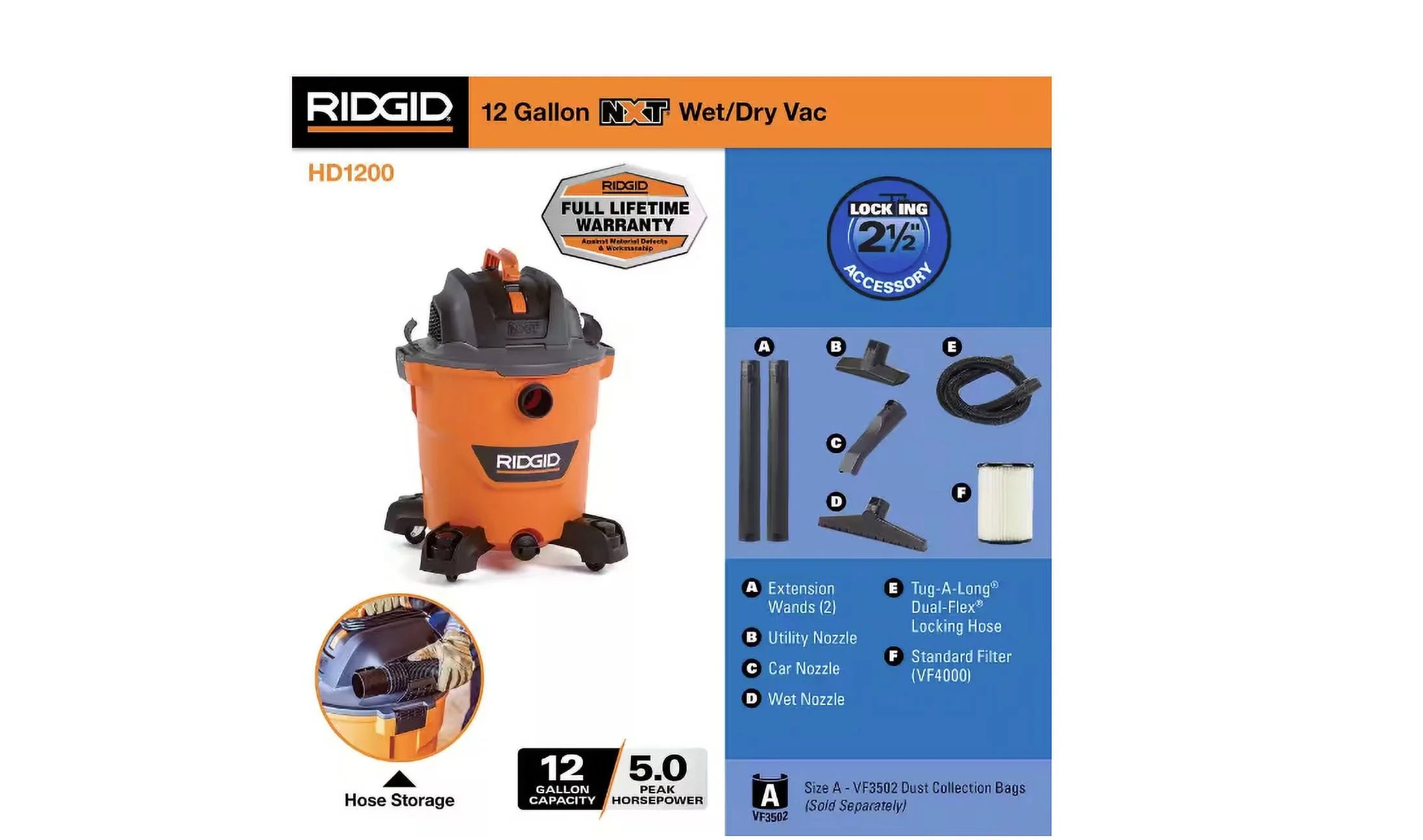 12 Gallon 5.0 Peak HP Wet/Dry Shop Vacuum M8785