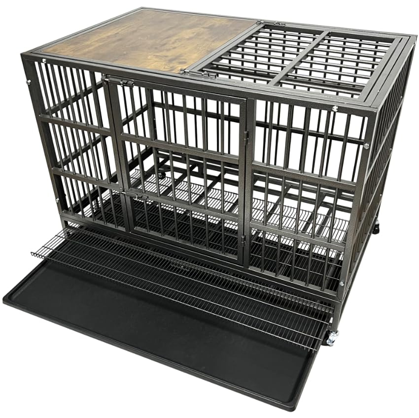 Heavy Duty Dog Crate Cage with Woodtop, Steel Kennel, Double Door and Tray C5927