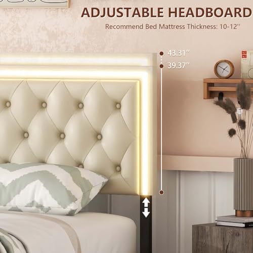 Queen Size Upholstered Bed Frame with 4 Storage Drawers, Button Tufted Adjustable Headboard PU Leather Platform Bed with LED Light (Black) D1551