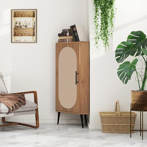 Boho Corner Storage Cabinet with Rattan Doors & Adjustable Shelves V28287