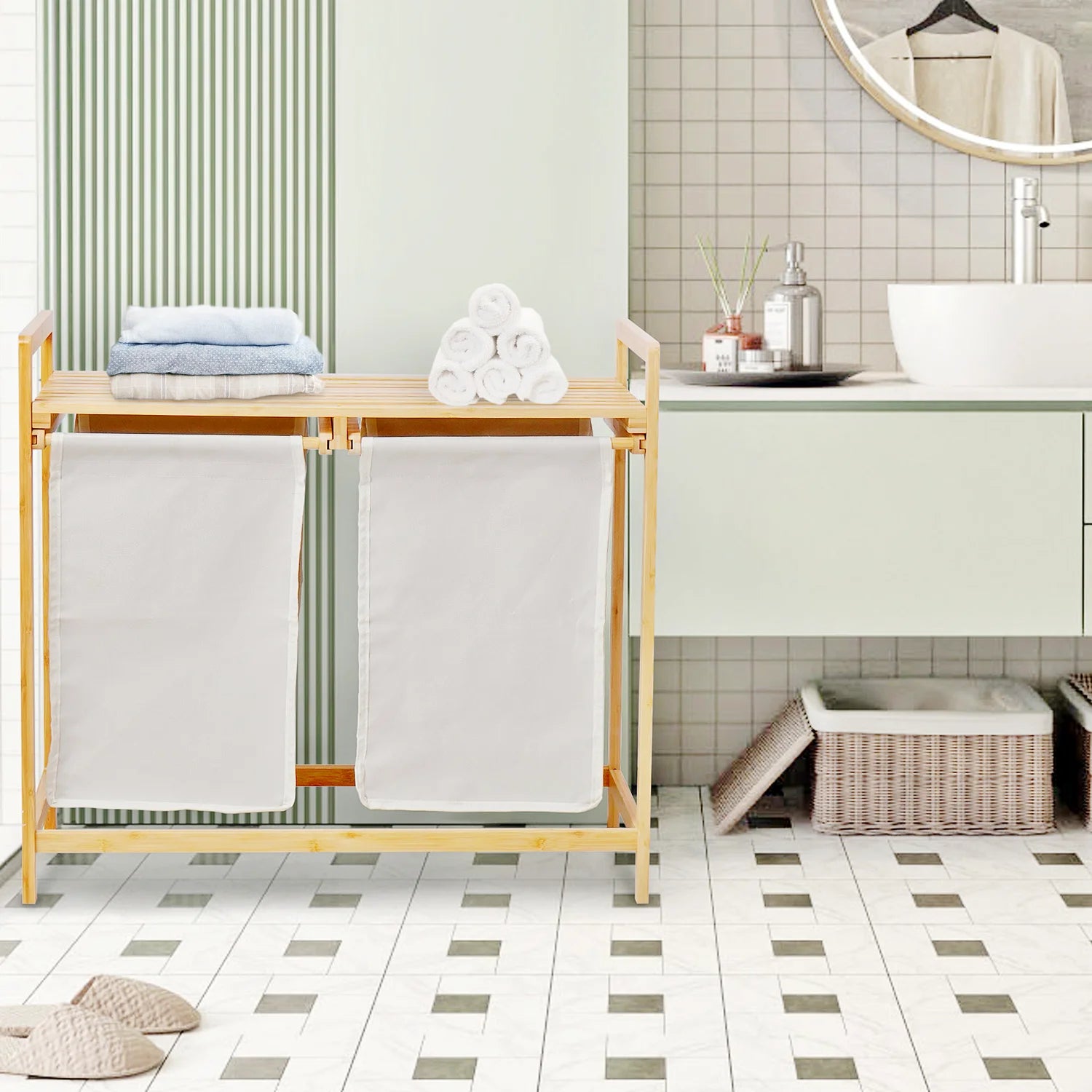 Freestanding Bamboo Laundry Basket with Shelf and Removable Bags U937993
