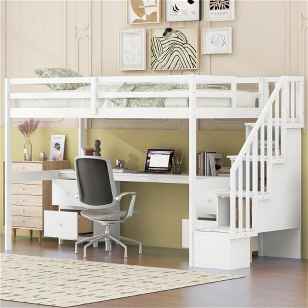 White double loft bunk bed frame with built-in desk and storage drawers A9652
