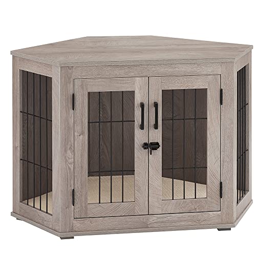 Large Weathered Gray Wooden Dog Crate Corner with Cushion V63829