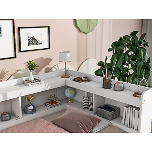 White Pine Wood Twin Size Platform Bed with L-shaped Bookcase Headboard and 2 Storage Drawers S79788