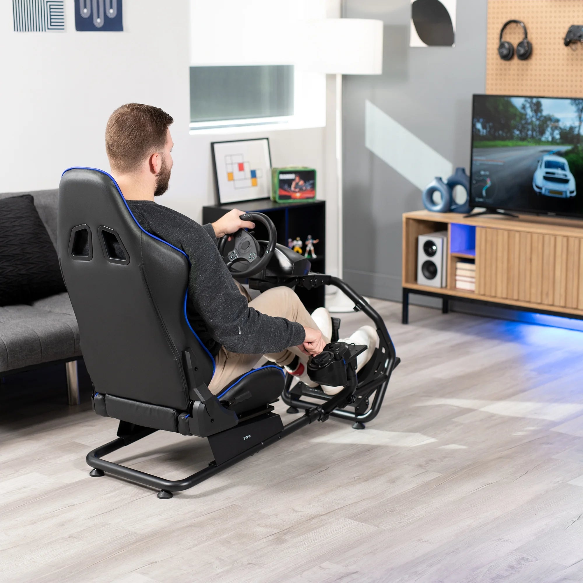 Black Blue Racing Simulator Cockpit with Wheel Stand and Reclining Seat I182923
