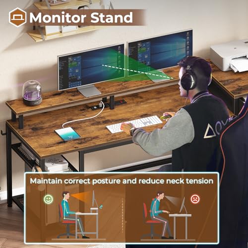 Rustic Brown Office Desk with Drawers and LED Lights L541