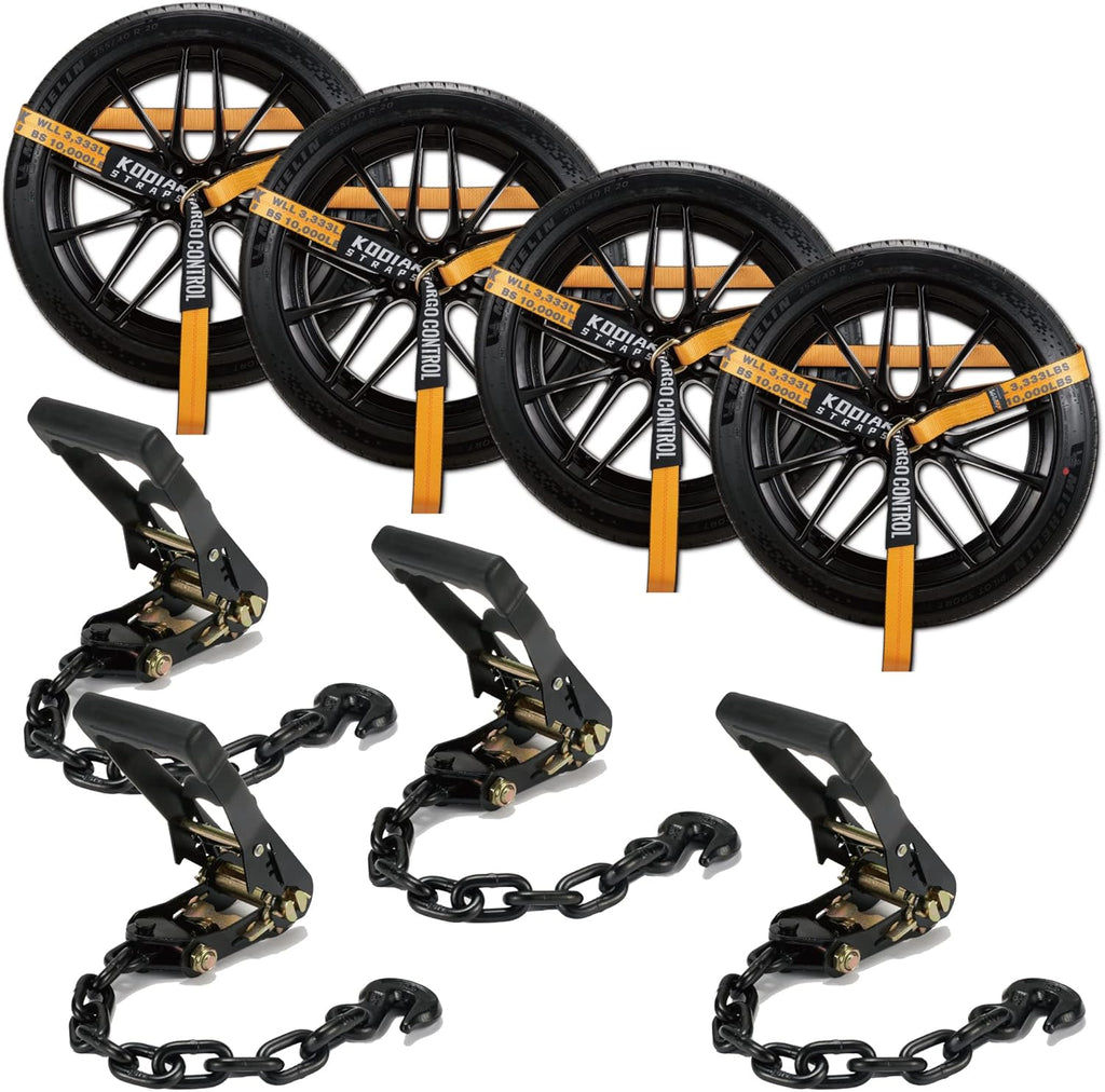 4 Pack Ratchet Car Tie Down Strap with Chain Hooks 2" x 144' Heavy Duty 10,000lbs Min Break Strength Tire Straps N866127