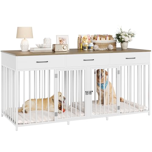 White 71" Wide Double Dog Crate with 3 Drawers C6134