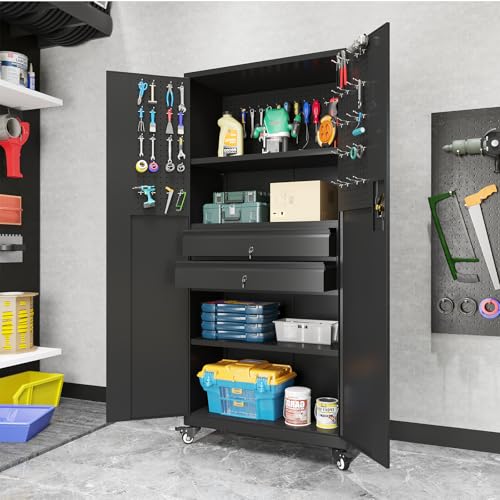 Metal Garage Storage Cabinet with Drawers and Wheels Rolling Tool Chest Cabinet with Pegboards Lockable Storage Cabinets with Adjustable Shelves E751