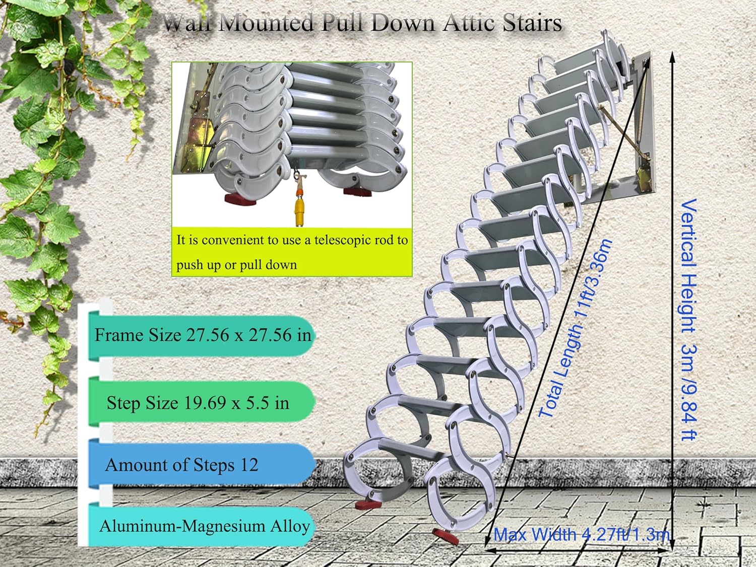 Al-Mg Alloy Attic Steps Pull Down 12 Steps Folding Ladder with Armrests 9.8ft Height 27.6x27.6in Frame Size G8555