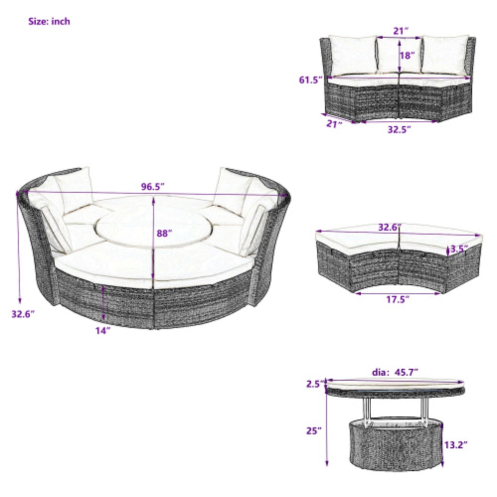 5-Piece Round Rattan Sectional Sofa Set with Liftable Table and Washable Cushions V159079