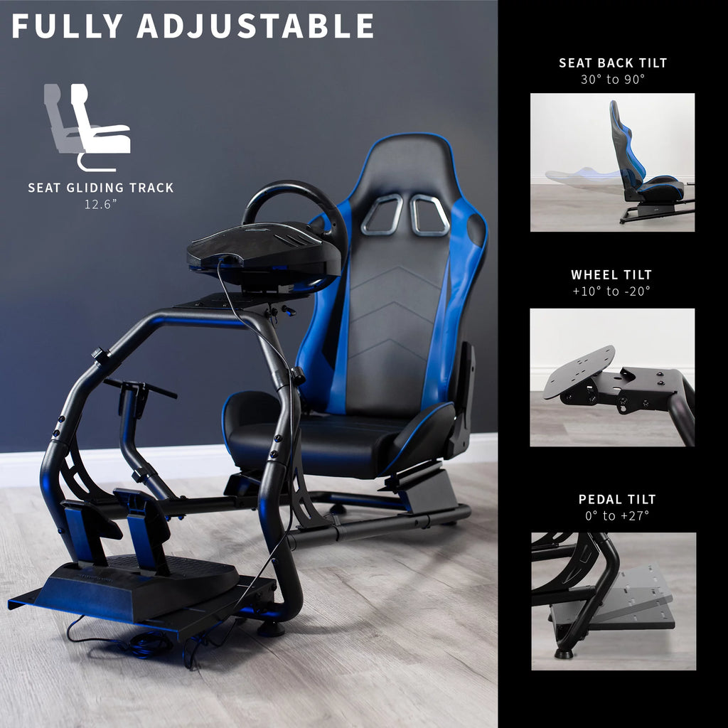 Black Blue Racing Simulator Cockpit with Wheel Stand and Reclining Seat I182923