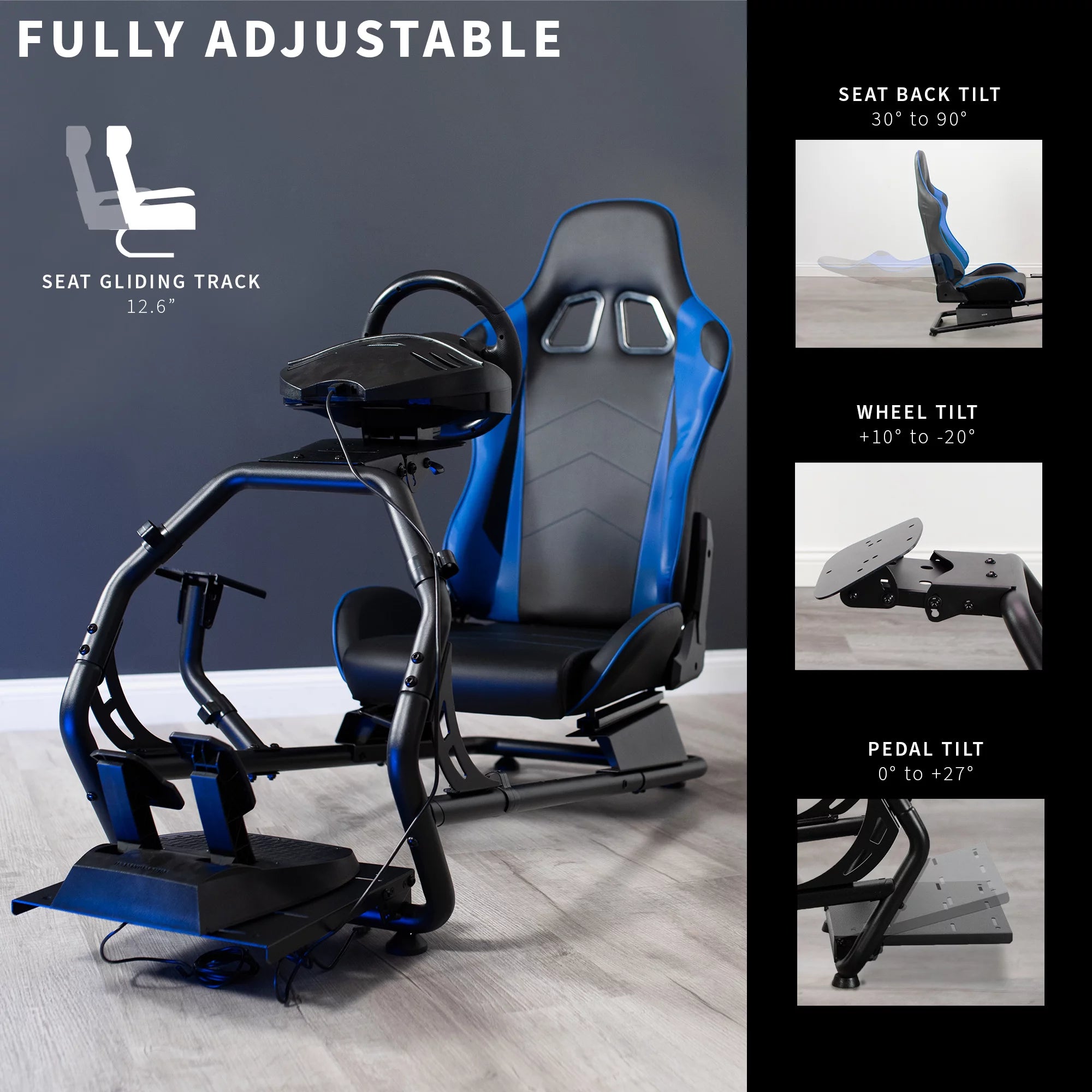 Black Blue Racing Simulator Cockpit with Wheel Stand and Reclining Seat I182923