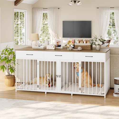 White 71" Wide Double Dog Crate with 3 Drawers C6134