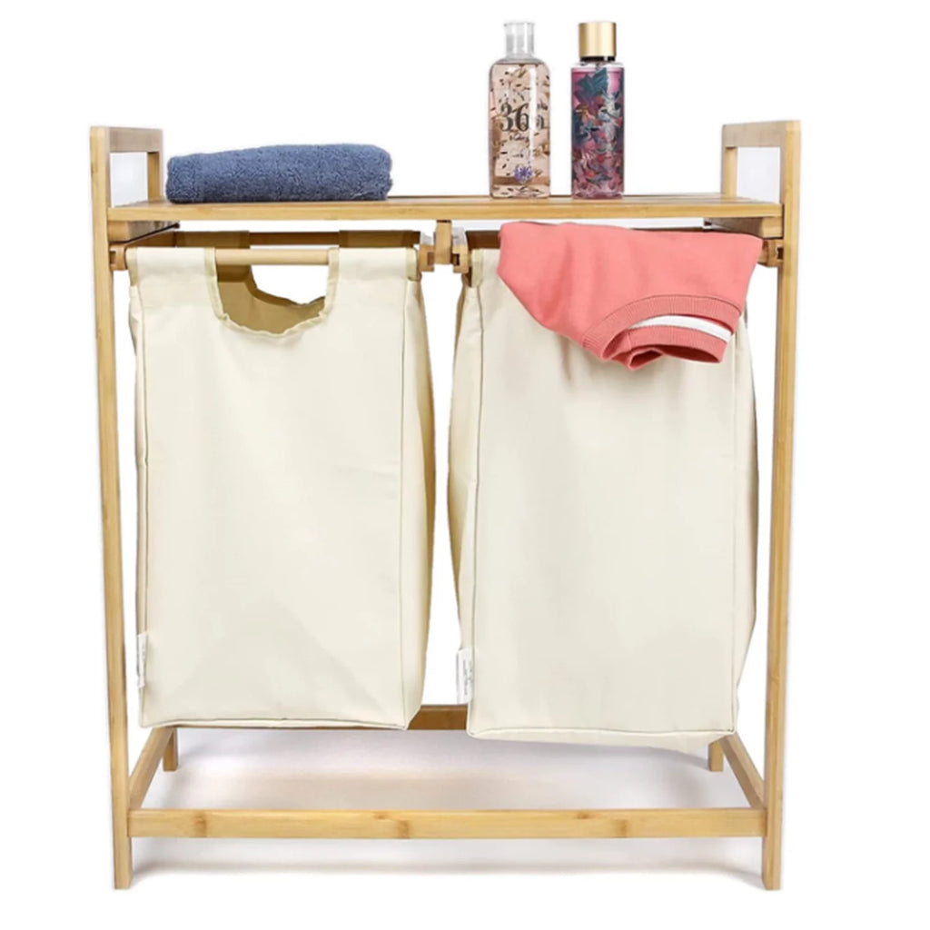 Freestanding Bamboo Laundry Basket with Shelf and Removable Bags U937993