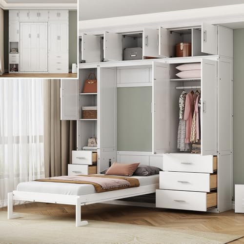 Full Size Wood Murphy Bed with Storage Shelves I58986