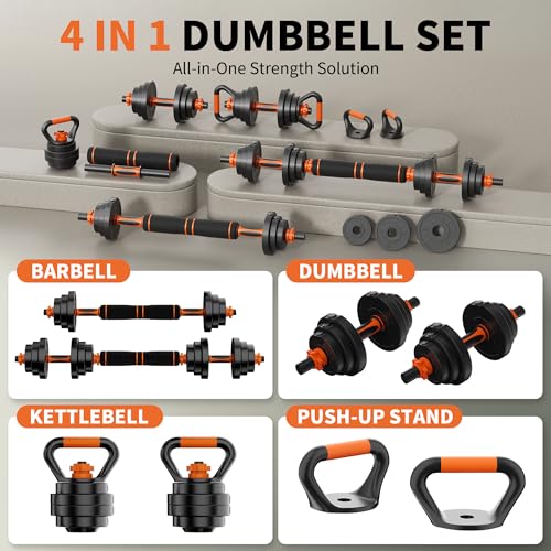 Adjustable Dumbbell Set, 30/50/70/90lbs, 4 in1 Dumbbell Barbell Kettlebell Push-Up Stand Weight Set, Set of 2 Q215