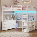 Full Size Loft Bed with U-Shaped Desk, 6 Storage Drawers, LED, Rustic Brown V8268