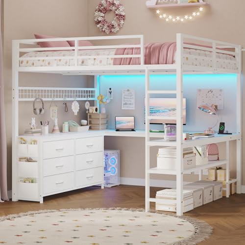 Full Size Loft Bed with U-Shaped Desk, 6 Storage Drawers, LED, Rustic Brown V8268