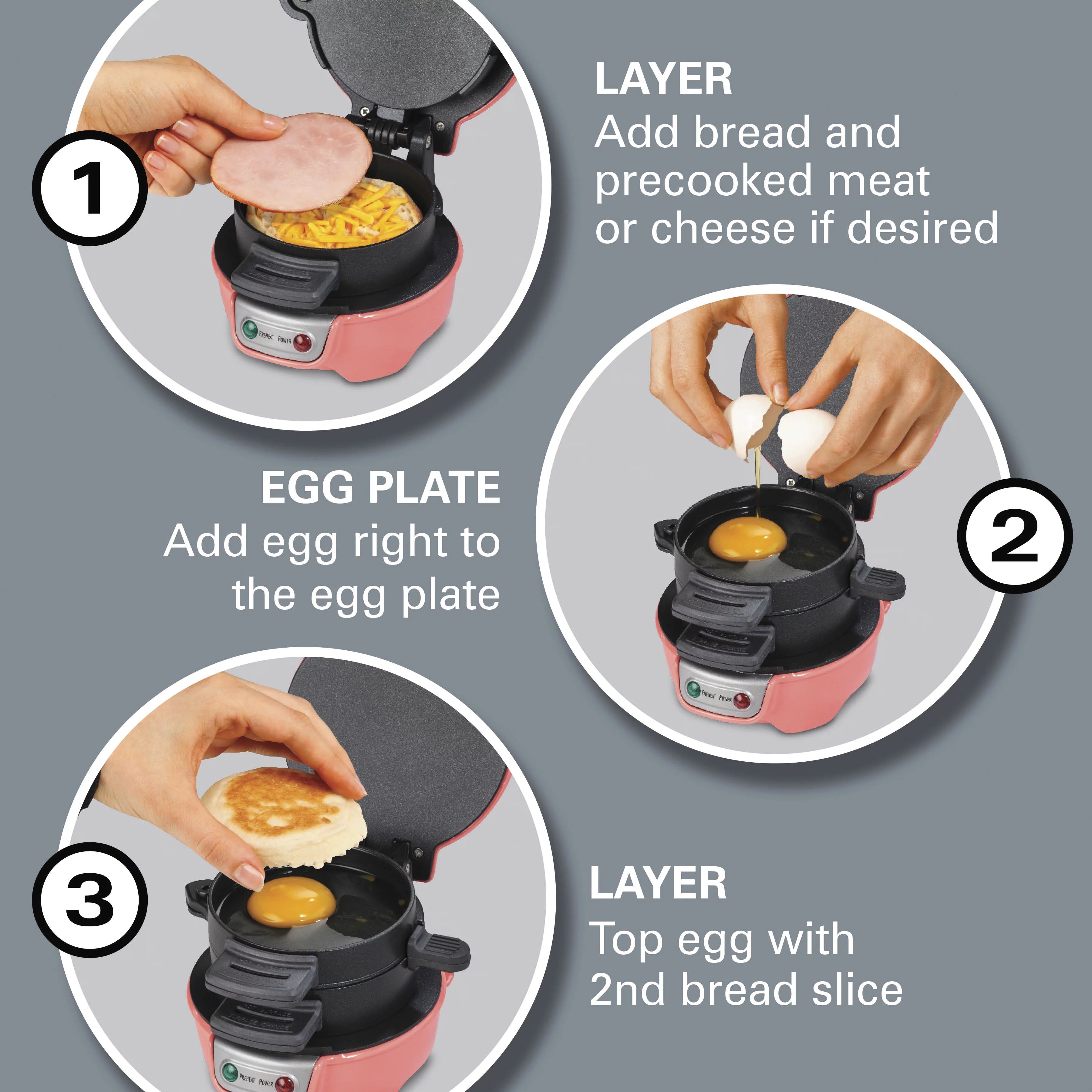 Breakfast Sandwich Maker with Egg Cooker Ring, Coral X4866