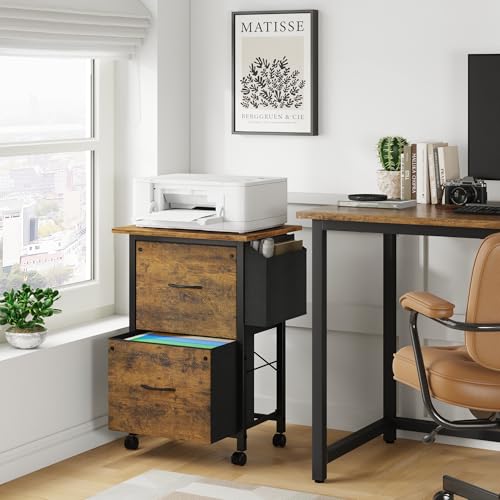 Rustic Brown Mobile File Cabinet with 2 Fabric File Drawer N411