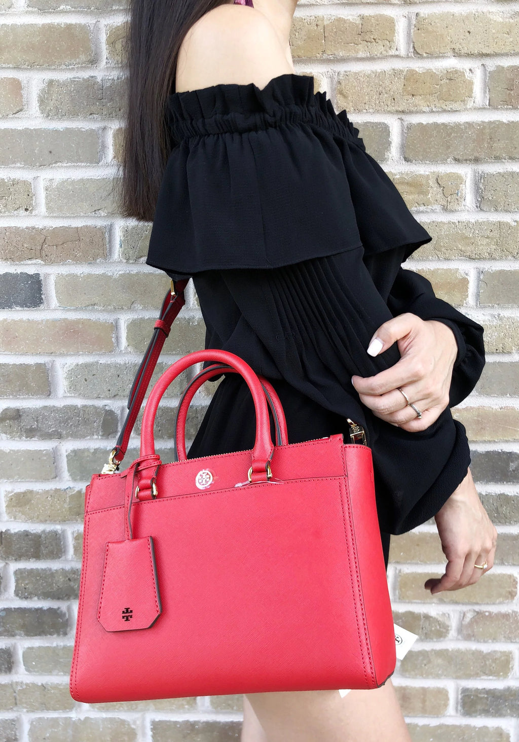 Small Double Zip Tote Satchel Crossbody Bag Poppy Orange Red K96922
