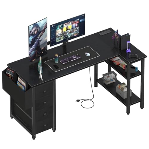 Black L Shaped Gaming Desk with Drawers & Storage Shelves, 47 Inch, Power Outlet L590214