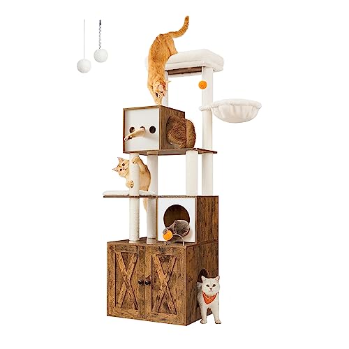 70.8-Inch Tall Cat Tree with Litter Box Enclosure, Scratching Posts, Perch, Caves, Basket, Washable Cushions Y15795