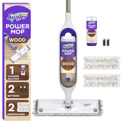 Swiffer Power Mop Wood, Hardwood Floor Cleaner Multi-Surface Cleaning Set includes PowerMop Wood, 2 Pads, 1 QuickDry Lemon Solution, & 2 Batteries B232