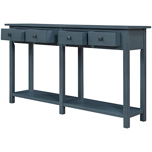 Antique Navy Rustic Wood Console Table with 4 Drawers and Bottom Shelf C577