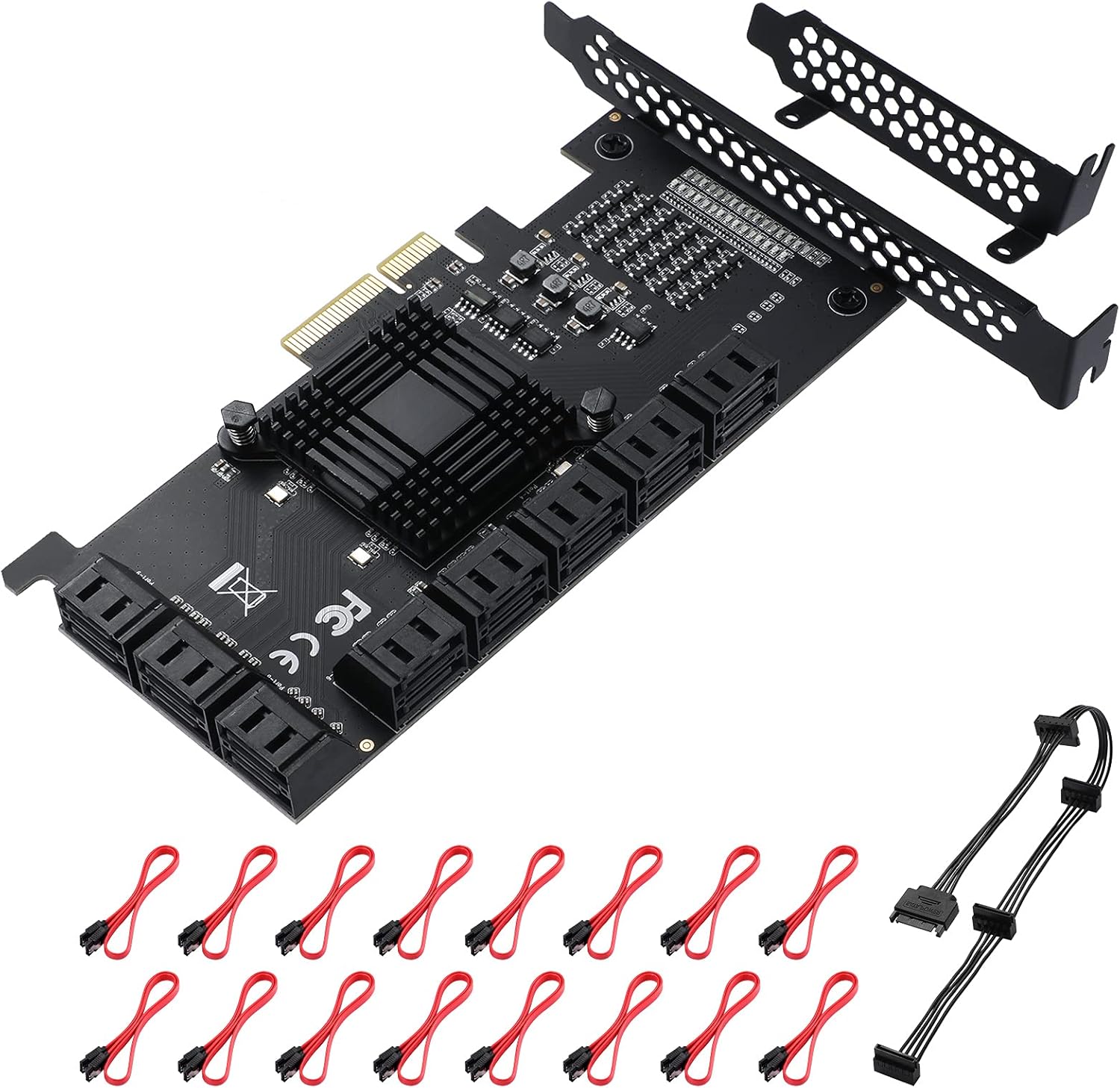 16 Port SATA PCle Expansion Card with 16 SATA Cables and Bracket V7052
