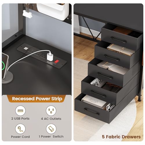 Rustic Brown L Shaped Gaming Desk with Drawers, Hutch, Storage Shelves, Pegboard, Led Lights, and Power Outlet Y873