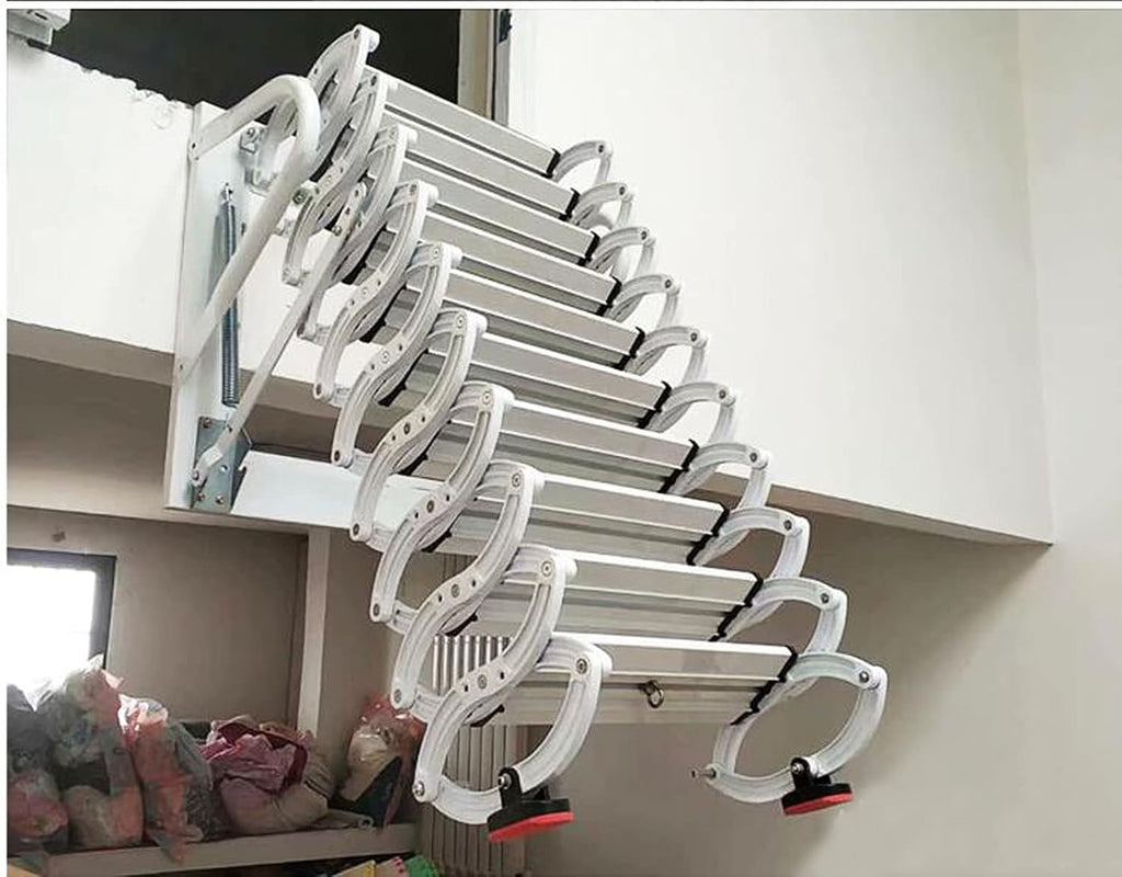 Al-Mg Alloy Attic Steps Pull Down 12 Steps Folding Ladder with Armrests 9.8ft Height 27.6x27.6in Frame Size G8555
