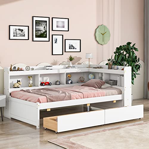 White Pine Wood Twin Size Platform Bed with L-shaped Bookcase Headboard and 2 Storage Drawers S79788