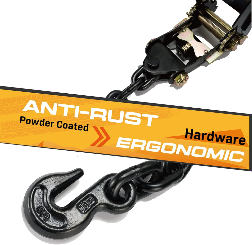 4 Pack Ratchet Car Tie Down Strap with Chain Hooks 2" x 144' Heavy Duty 10,000lbs Min Break Strength Tire Straps N866127