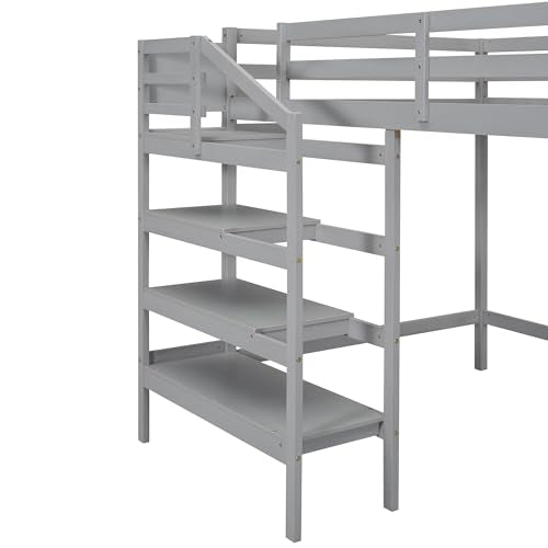Full Size Gray Wooden Loft Bed with Staircase and Storage Wardrobe H54327