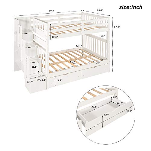 Twin Over Twin/Full Bunk Bed with Twin Size Trundle and Drawers, Solid Wood K270801
