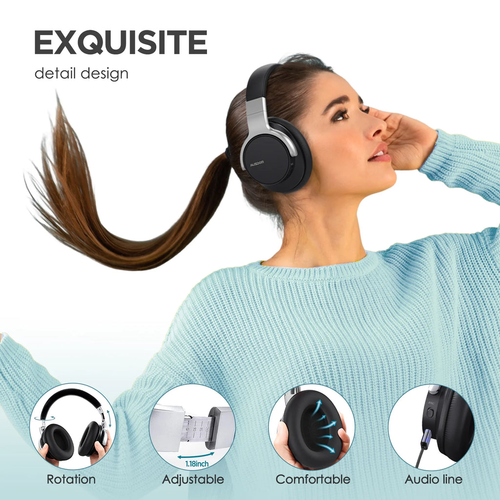 Black Active Noise Cancelling Wireless Over Ear Headphones with Mic E938