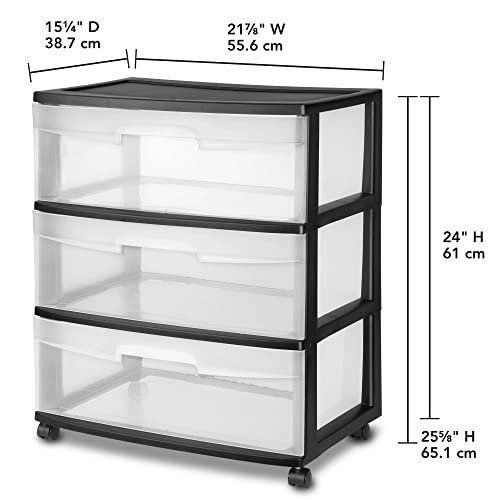 Plastic Storage Drawer Cart with 3 Large Clear Drawers and Wheels, Black W1847
