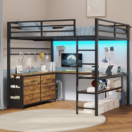 Full Size Loft Bed with U-Shaped Desk, 6 Storage Drawers, LED, Rustic Brown V8268